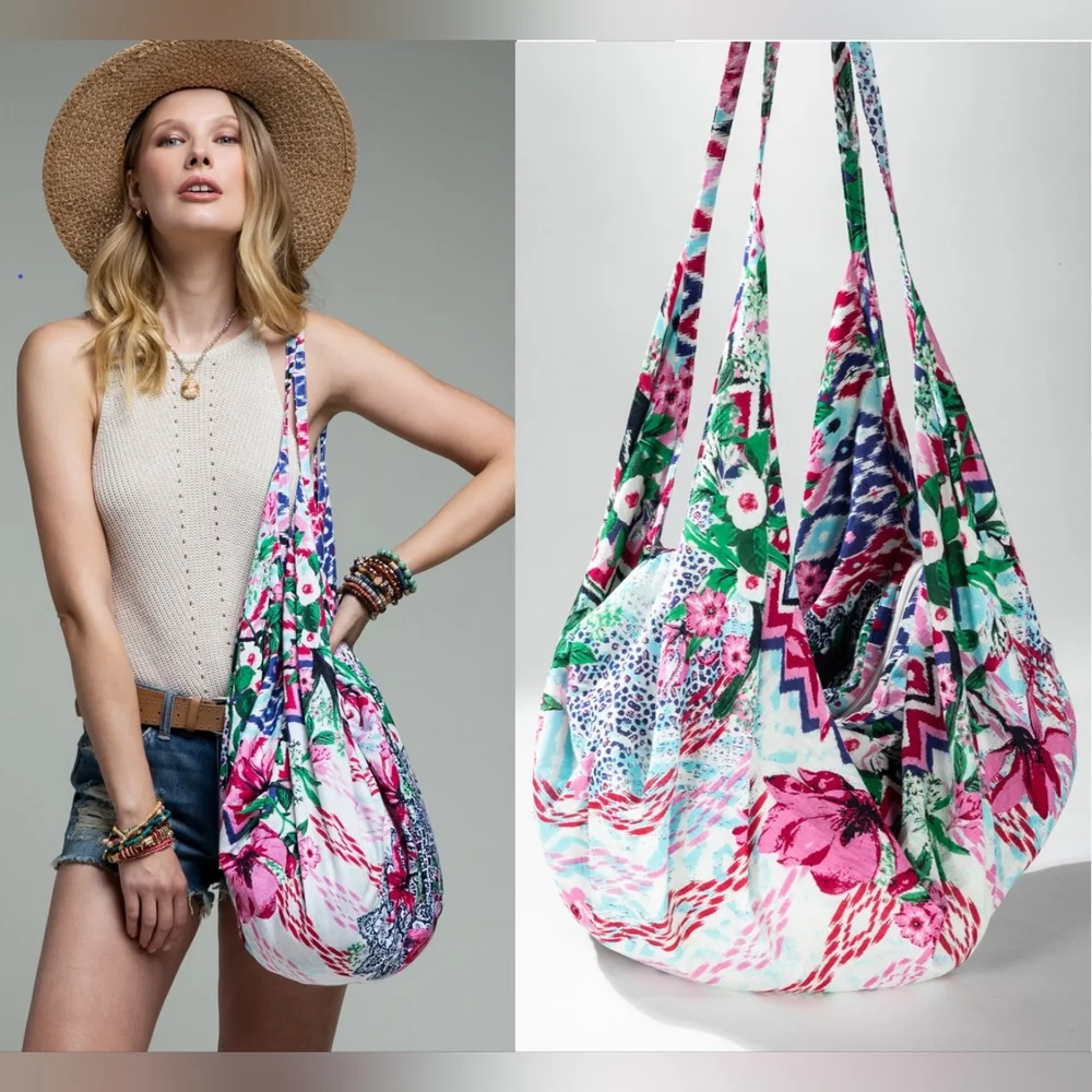 Boho Chic Beach Yoga Hobo Shoulder Bag - 100% Cotton - Floral & Ethnic Design